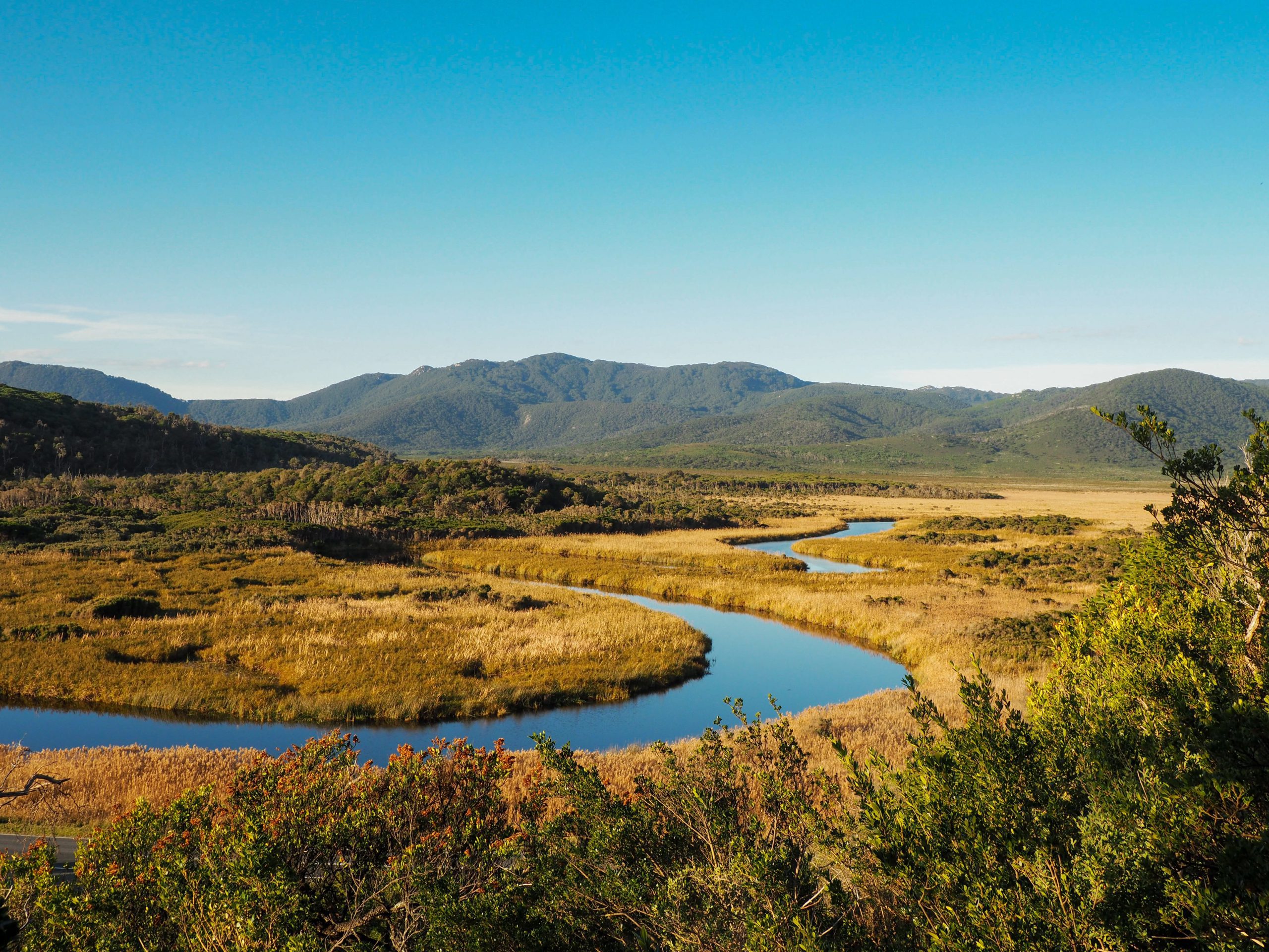 A winding blue river running through grassy marshland with green mountains in the distance.