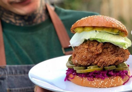Vegan deep fried cauliflower burger via Lucky Duck Café