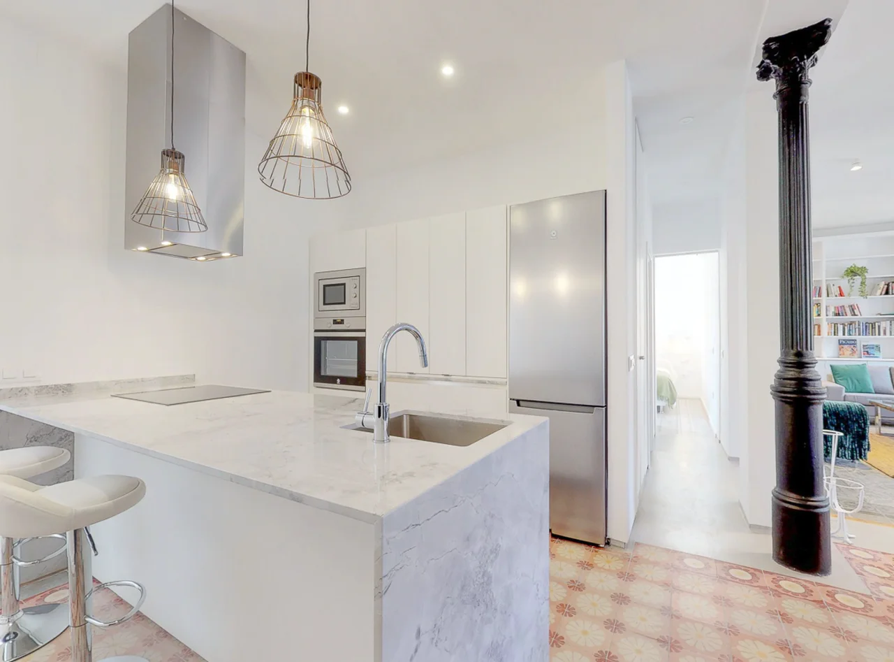 kitchen marble island cosy colores apartment madrid
