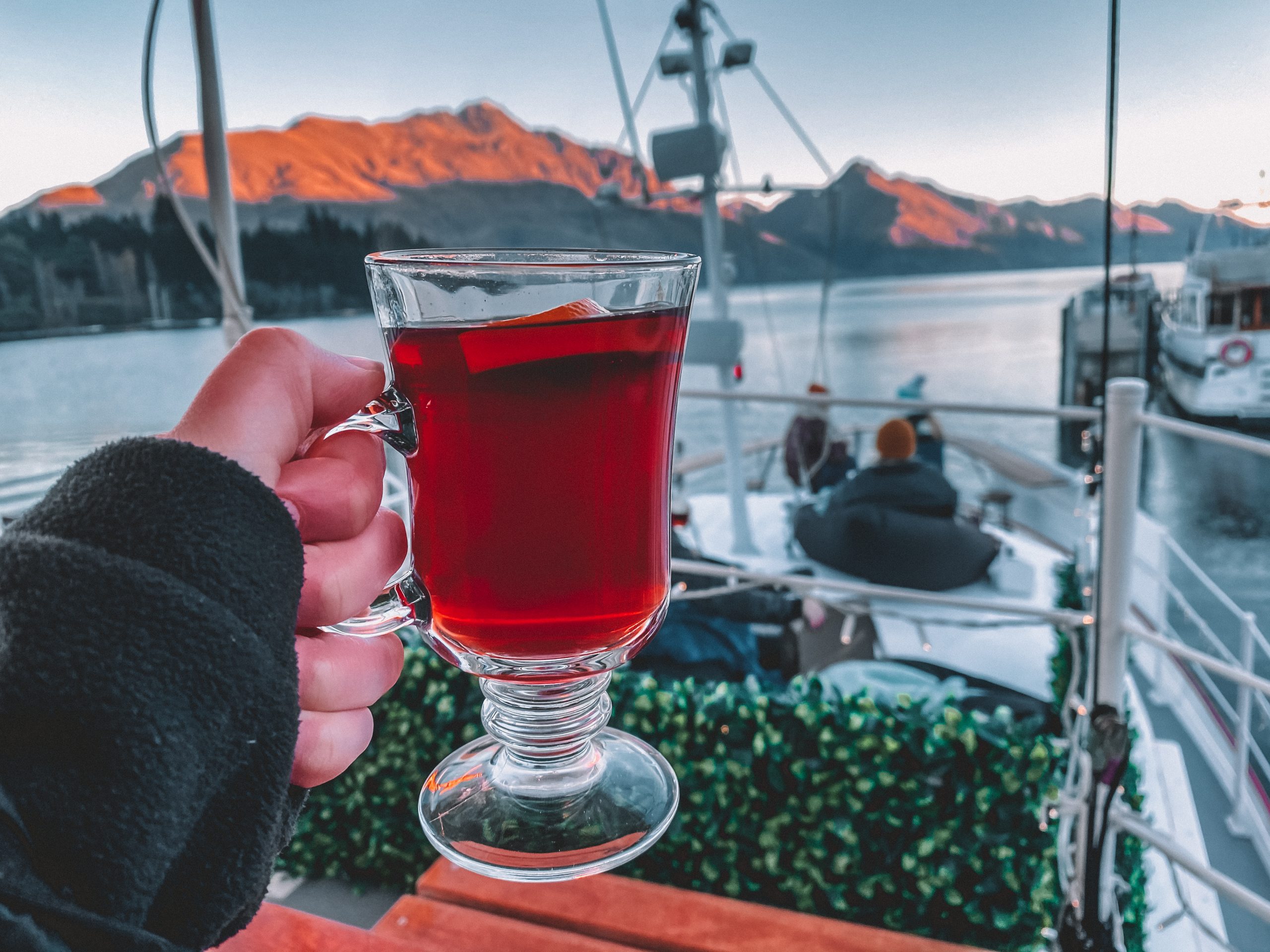 A hand holding a glass of mulled wine in a boat overlooking a lake, mountains and trees at sunset.