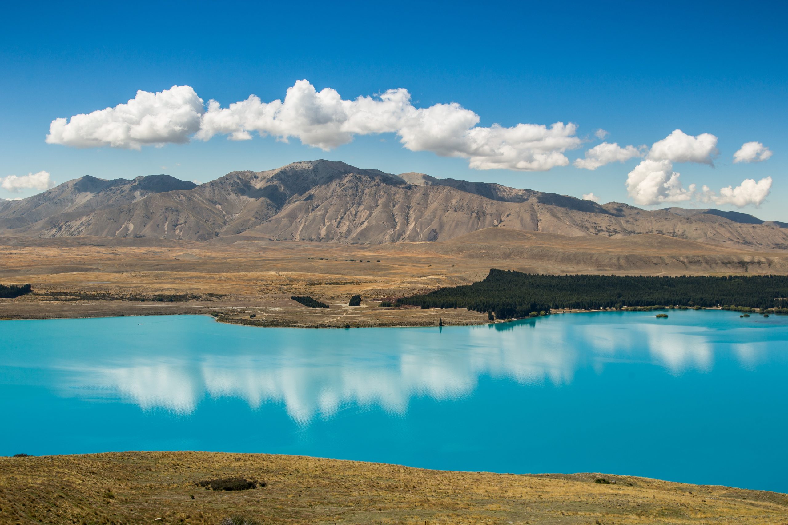 A grassy hill overlooking a bright blue lake with a mountain range in the background.