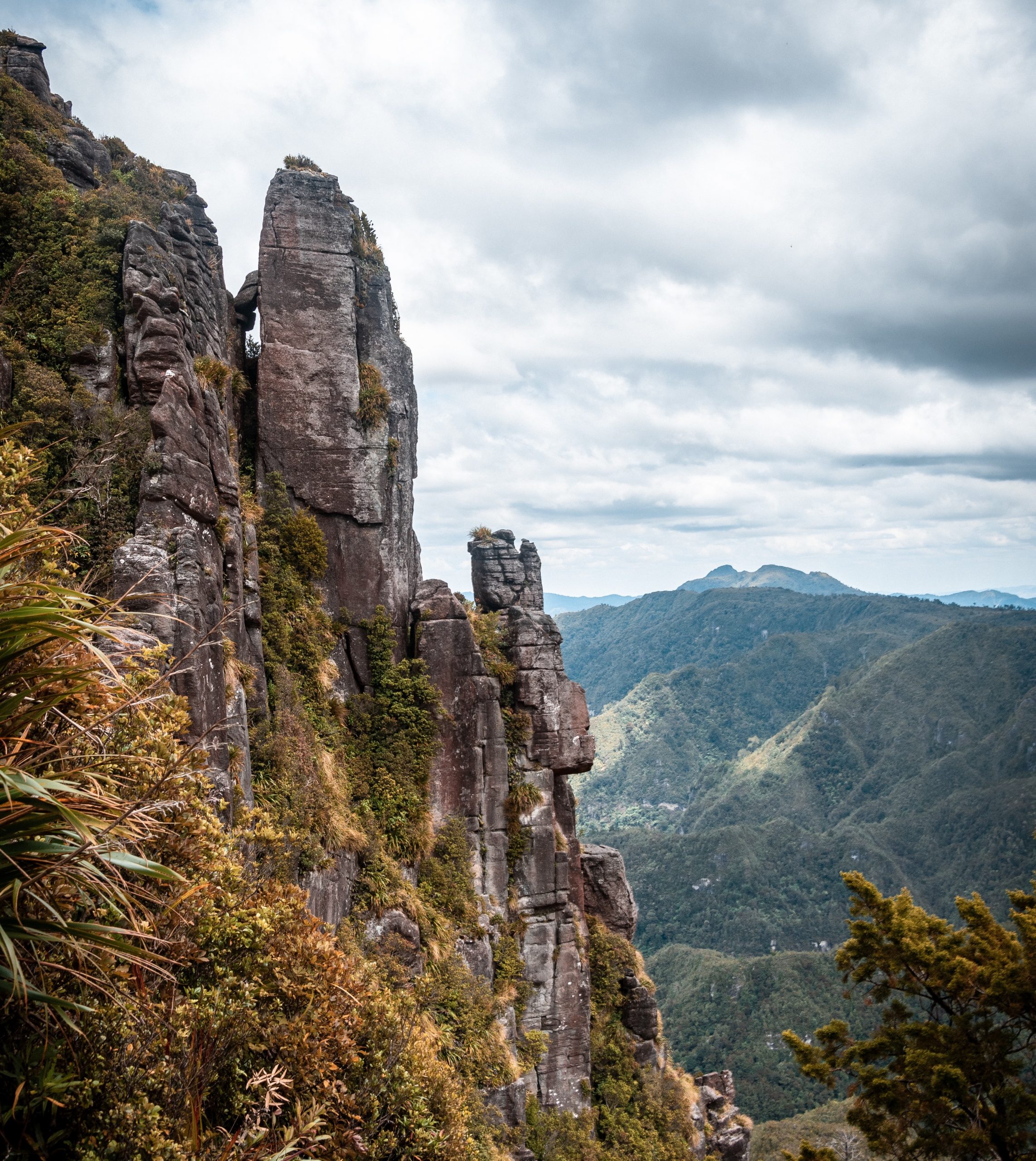 A steep cliff face with pinnacle rocks overlooking grassy mountains and cloudy skies.